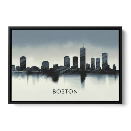 Boston Skyline In Fog - Black Framed Canvas Wall Art - Front