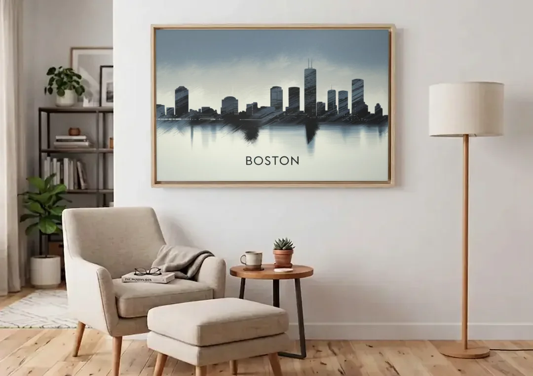 Boston Skyline In Fog canvas wall art above an armchair in a bright living room