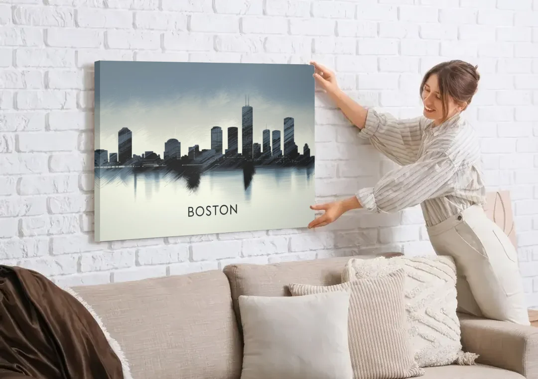Boston Skyline In Fog canvas wall art being hung on a white brick wall above a sofa