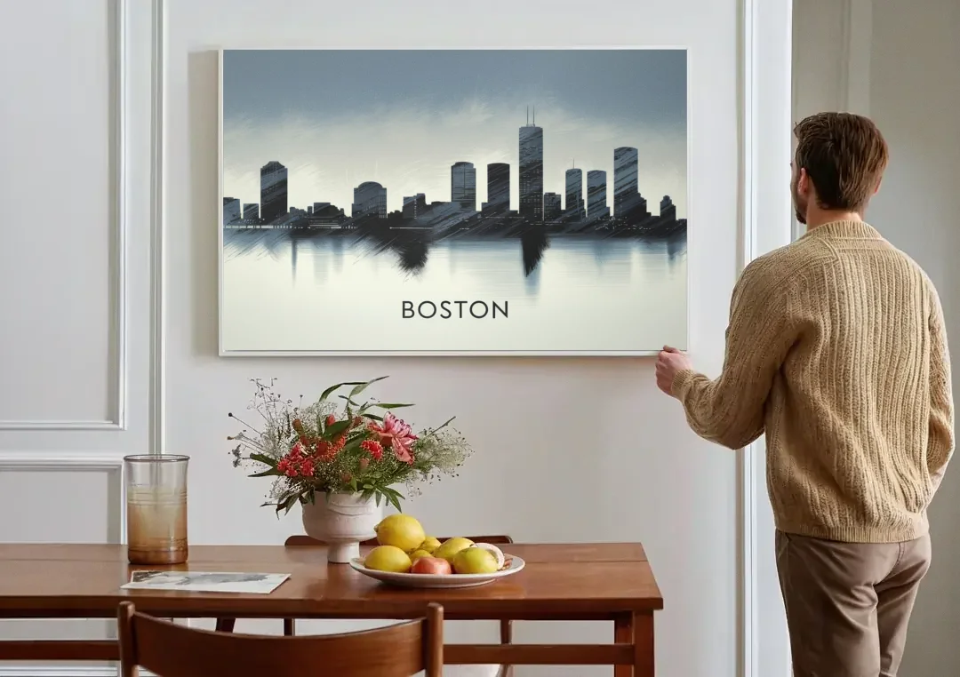 Boston Skyline In Fog canvas wall art above a dining table
