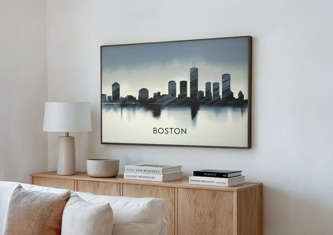 Boston Skyline In Fog canvas wall art above a wooden sideboard next to a sofa