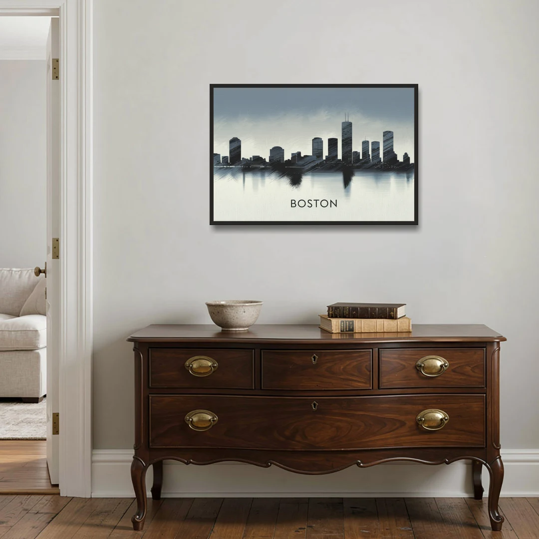 Boston Skyline In Fog - Black Framed Canvas Wall Art - Coffee Table - 36x24