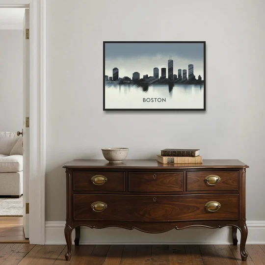 Boston Skyline In Fog - Black Framed Canvas Wall Art - Coffee Table - 36x24