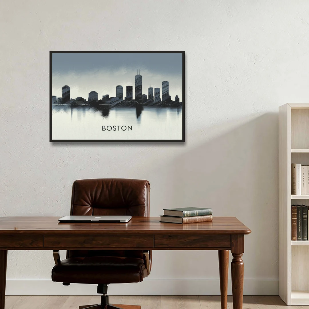 Boston Skyline In Fog - Black Framed Canvas Wall Art - Office - 36x24