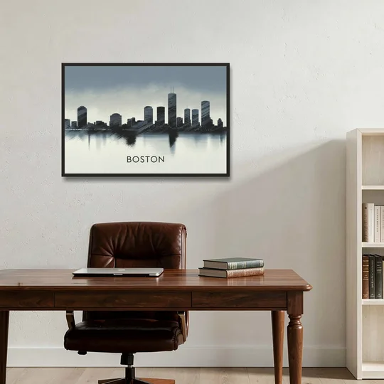 Boston Skyline In Fog - Black Framed Canvas Wall Art - Office - 36x24