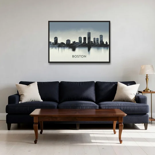 Boston Skyline In Fog - Black Framed Canvas Wall Art - Sofa - 36x24