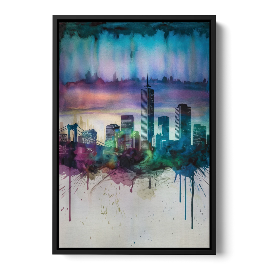 Boston Skyline in Watercolor - Black Framed Canvas Wall Art - Front