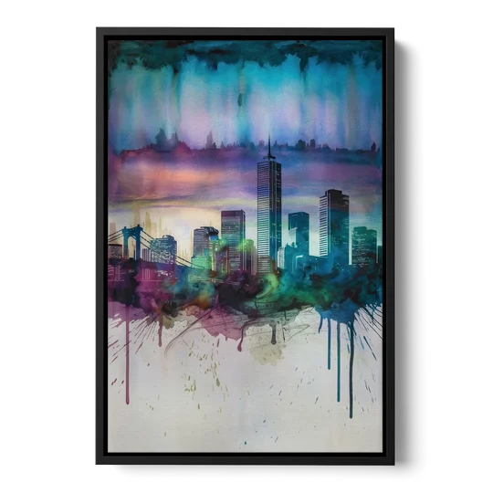 Boston Skyline in Watercolor - Black Framed Canvas Wall Art - Front