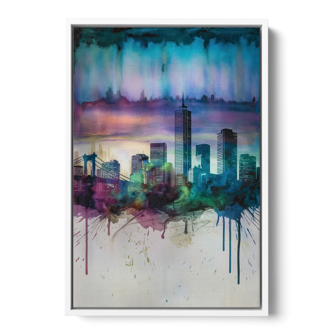 Boston Skyline in Watercolor - White Framed Canvas Wall Art - Front