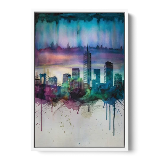 Boston Skyline in Watercolor - White Framed Canvas Wall Art - Front