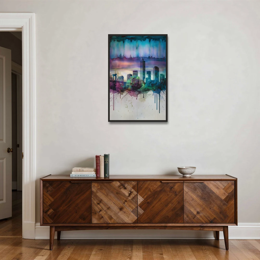 Boston Skyline in Watercolor - Black Framed Canvas Wall Art - Coffee Table - 24x36