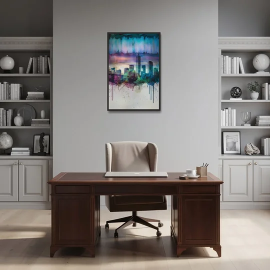 Boston Skyline in Watercolor - Black Framed Canvas Wall Art - Office - 24x36