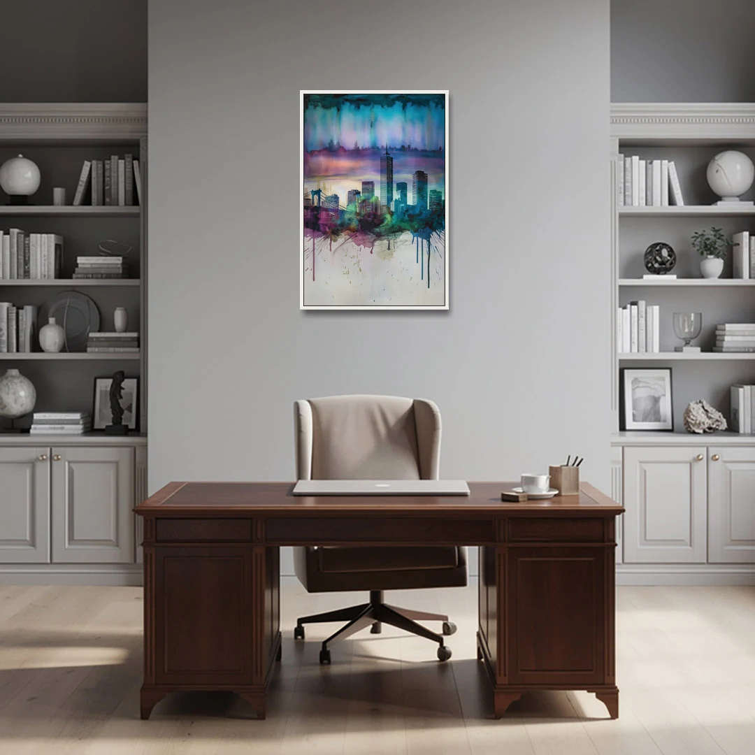 Boston Skyline in Watercolor - White Framed Canvas Wall Art - Office - 24x36