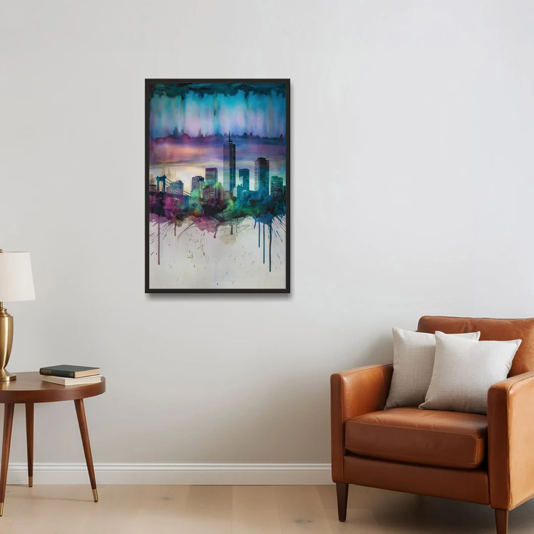Boston Skyline in Watercolor - Black Framed Canvas Wall Art - Sofa - 24x36