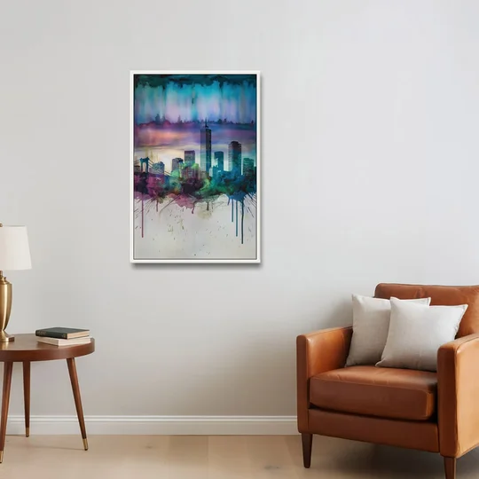 Boston Skyline in Watercolor - White Framed Canvas Wall Art - Sofa - 24x36