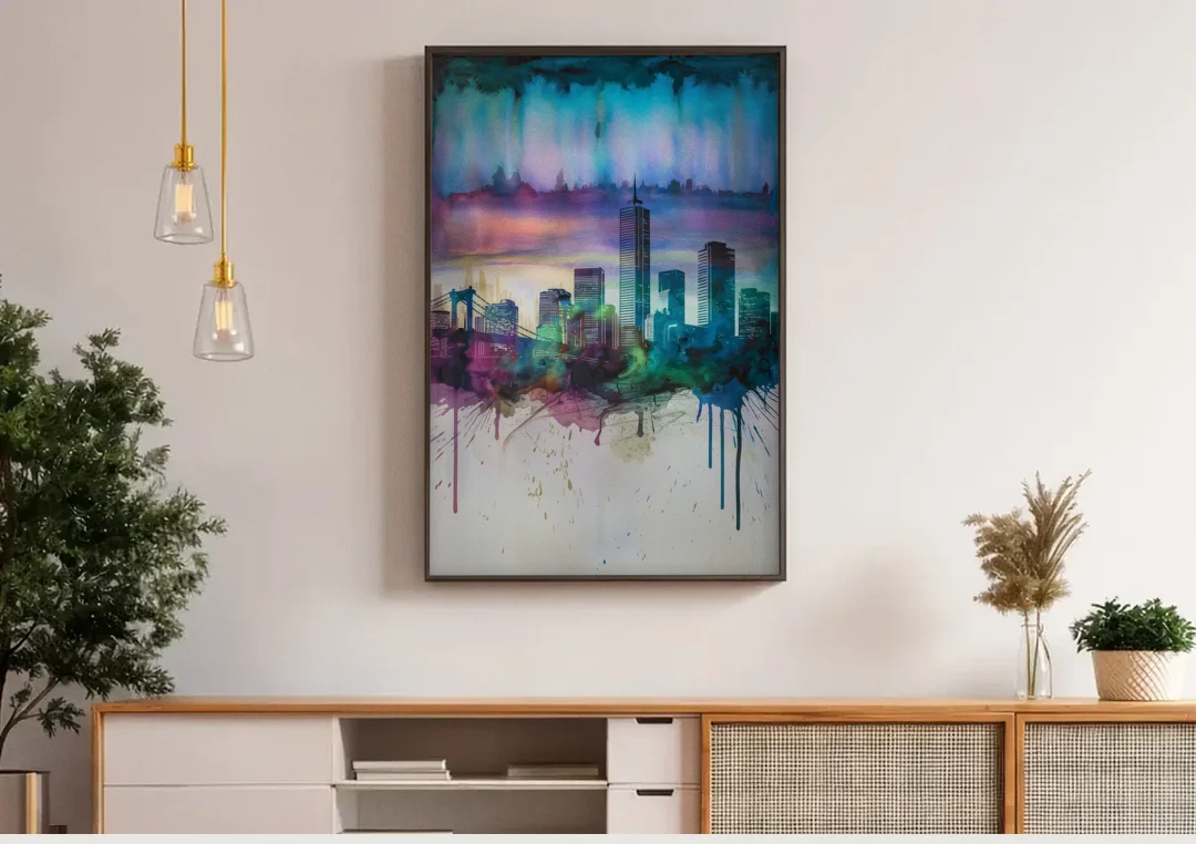 Boston Skyline in Watercolor canvas wall art above a wooden sideboard under pendant lights