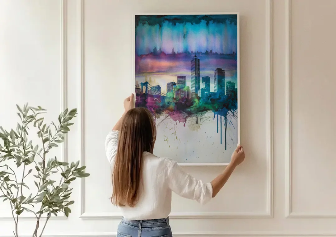 Boston Skyline in Watercolor canvas wall art being hung on a paneled wall