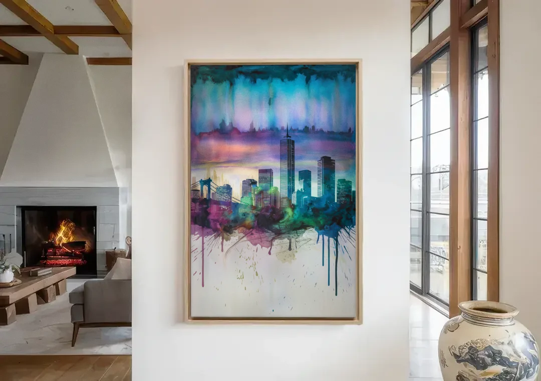 Boston Skyline in Watercolor canvas wall art in a living room with a fireplace