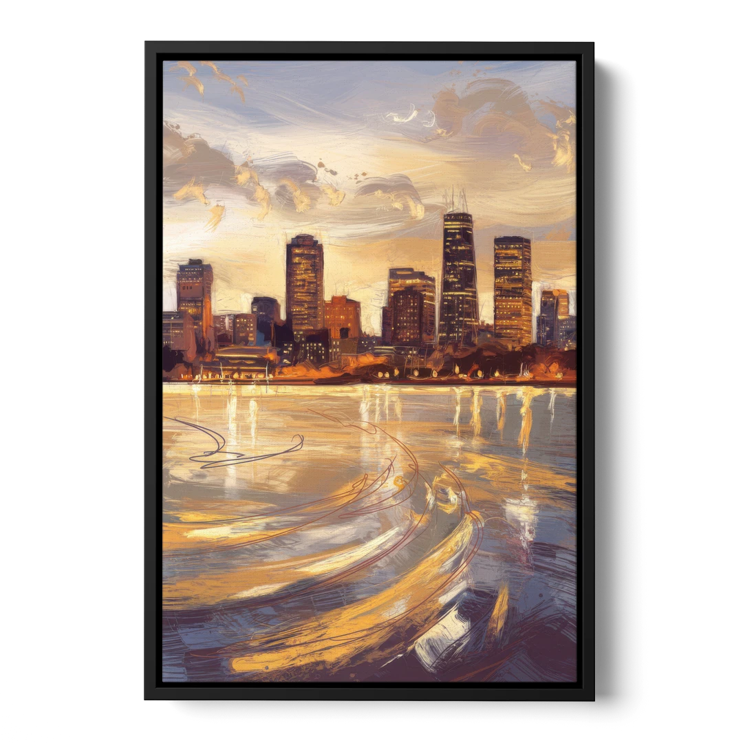 Boston Skyline with Charles River - Black Framed Canvas Wall Art - Front
