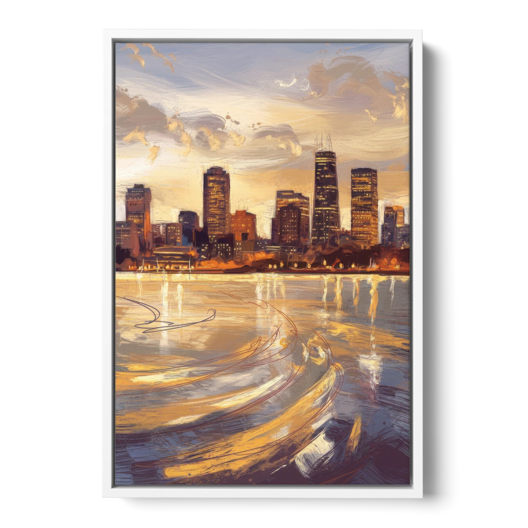 Boston Skyline with Charles River - White Framed Canvas Wall Art - Front