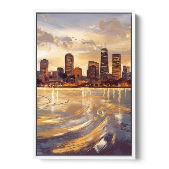 Boston Skyline with Charles River - White Framed Canvas Wall Art - Front