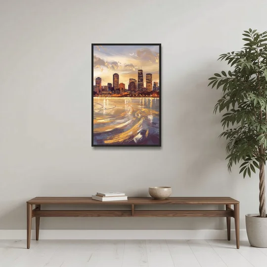 Boston Skyline with Charles River - Black Framed Canvas Wall Art - Coffee Table - 24x36