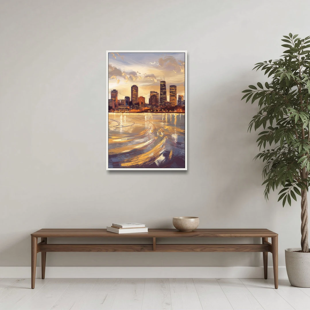 Boston Skyline with Charles River - White Framed Canvas Wall Art - Coffee Table - 24x36