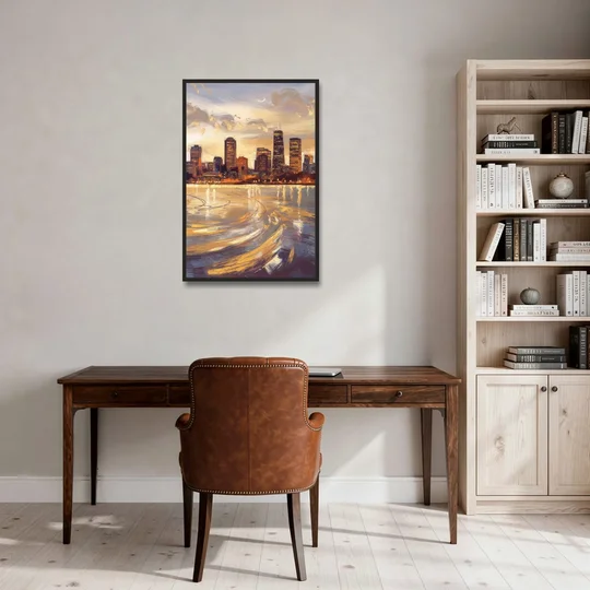 Boston Skyline with Charles River - Black Framed Canvas Wall Art - Office - 24x36