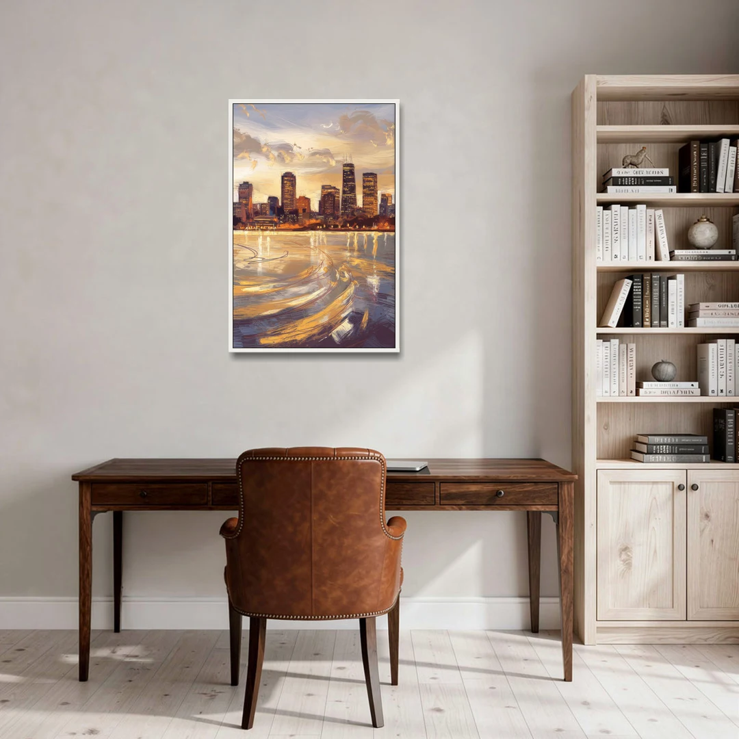 Boston Skyline with Charles River - White Framed Canvas Wall Art - Office - 24x36