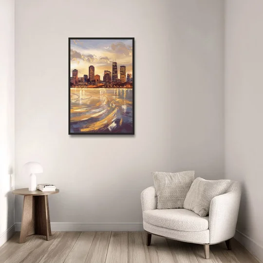 Boston Skyline with Charles River - Black Framed Canvas Wall Art - Sofa - 24x36