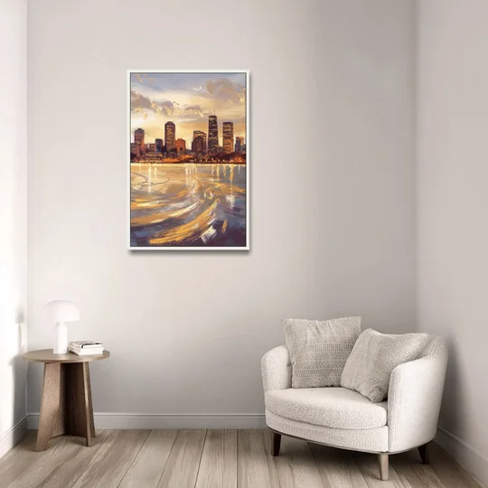 Boston Skyline with Charles River - White Framed Canvas Wall Art - Sofa - 24x36