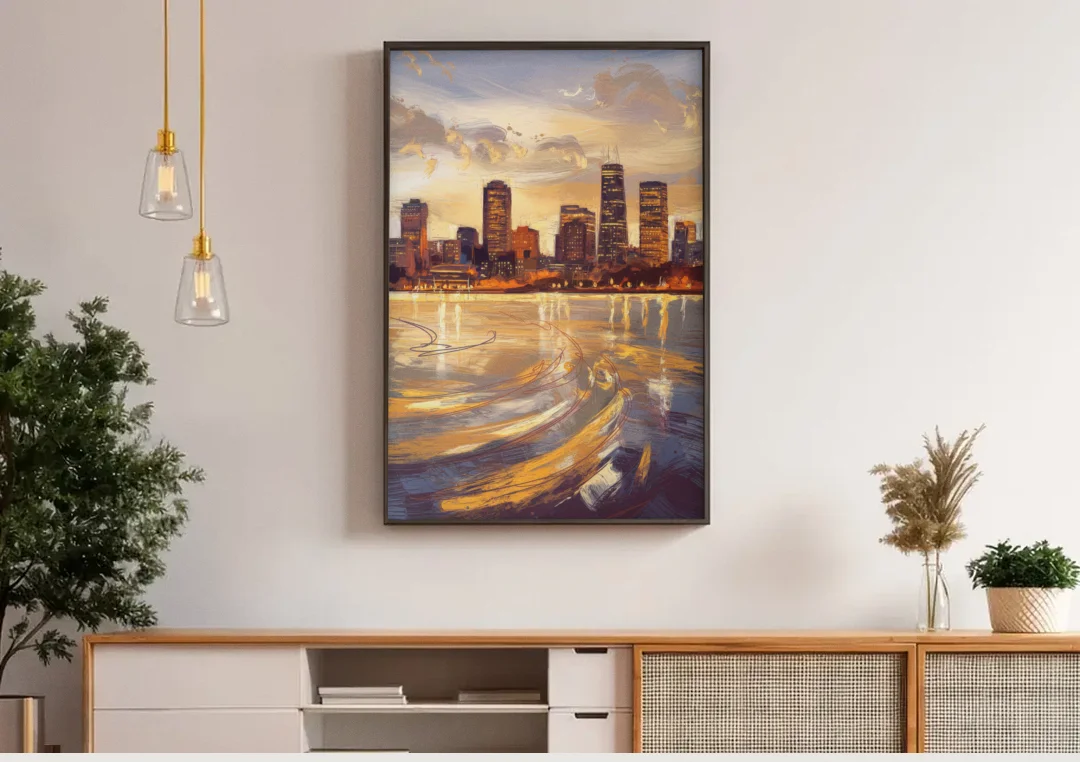 Boston Skyline with Charles River canvas wall art above a wooden sideboard under pendant lights
