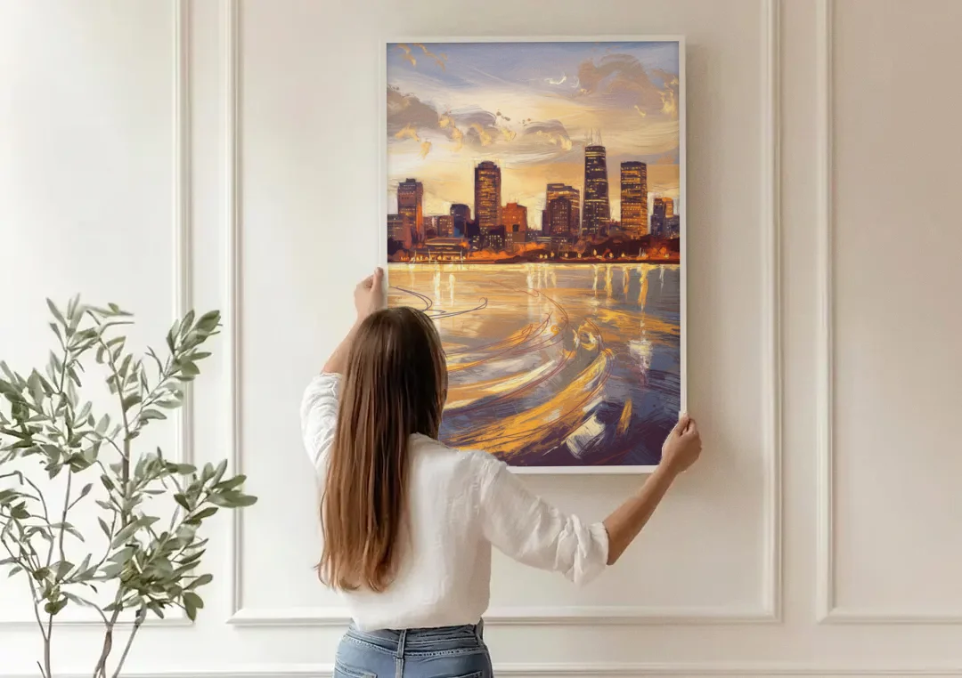 Boston Skyline with Charles River canvas wall art being hung on a paneled wall
