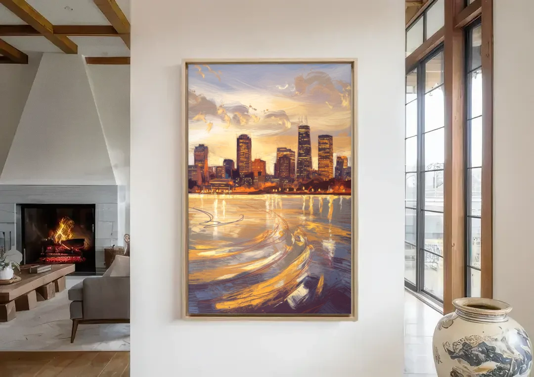 Boston Skyline with Charles River canvas wall art in a living room with a fireplace