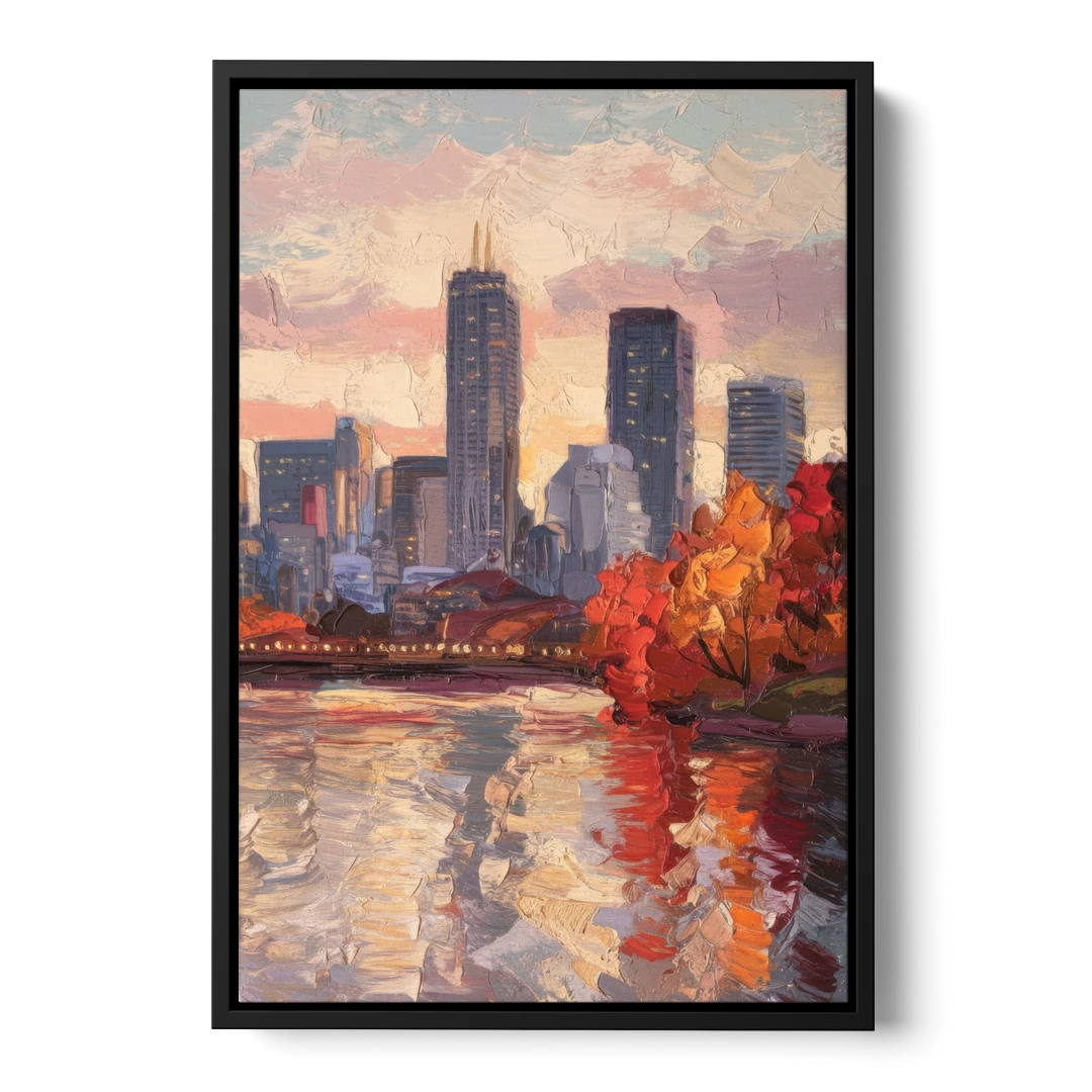 Boston Skyline with Fall Colors - Black Framed Canvas Wall Art - Front