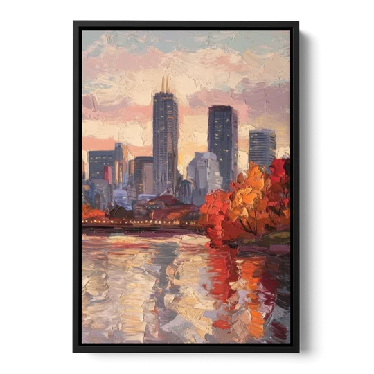 Boston Skyline with Fall Colors - Black Framed Canvas Wall Art - Front