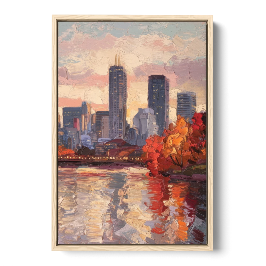 Boston Skyline with Fall Colors - Oak Framed Canvas Wall Art - Front