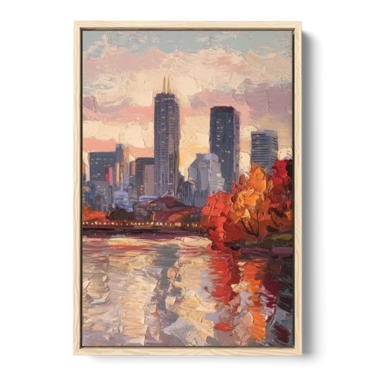 Boston Skyline with Fall Colors - Oak Framed Canvas Wall Art - Front