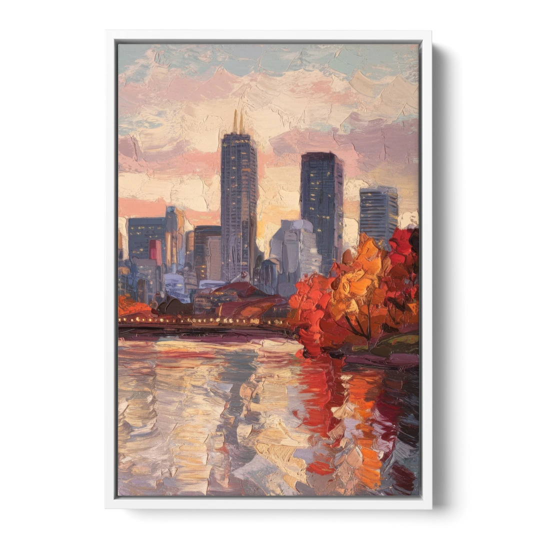 Boston Skyline with Fall Colors - White Framed Canvas Wall Art - Front