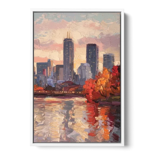 Boston Skyline with Fall Colors - White Framed Canvas Wall Art - Front