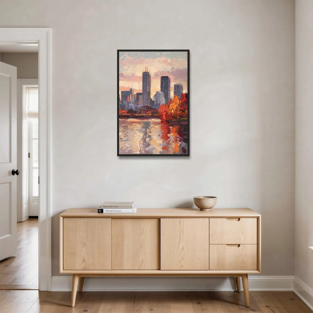 Boston Skyline with Fall Colors - Black Framed Canvas Wall Art - Coffee Table - 24x36