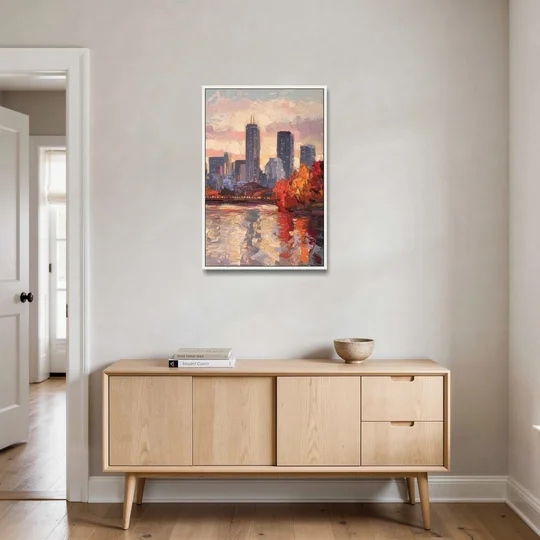 Boston Skyline with Fall Colors - White Framed Canvas Wall Art - Coffee Table - 24x36