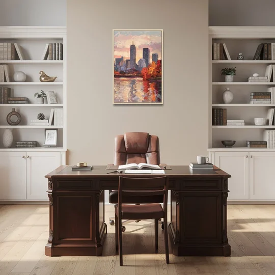 Boston Skyline with Fall Colors - Oak Framed Canvas Wall Art - Office - 24x36