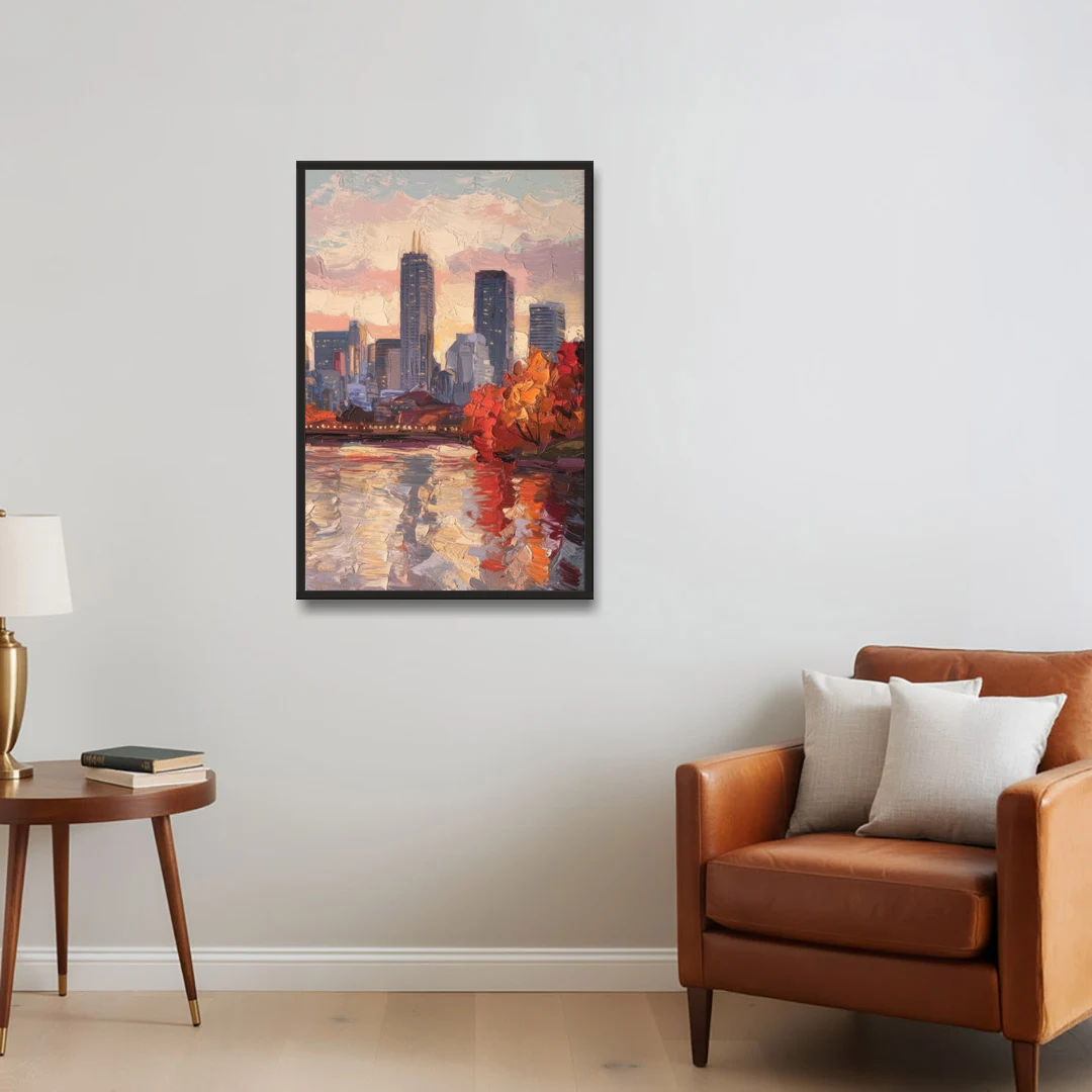 Boston Skyline with Fall Colors - Black Framed Canvas Wall Art - Sofa - 24x36