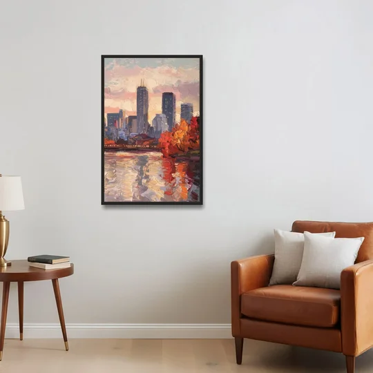 Boston Skyline with Fall Colors - Black Framed Canvas Wall Art - Sofa - 24x36