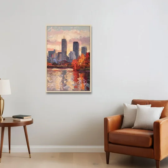 Boston Skyline with Fall Colors - Oak Framed Canvas Wall Art - Sofa - 24x36