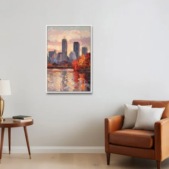 Boston Skyline with Fall Colors - White Framed Canvas Wall Art - Sofa - 24x36