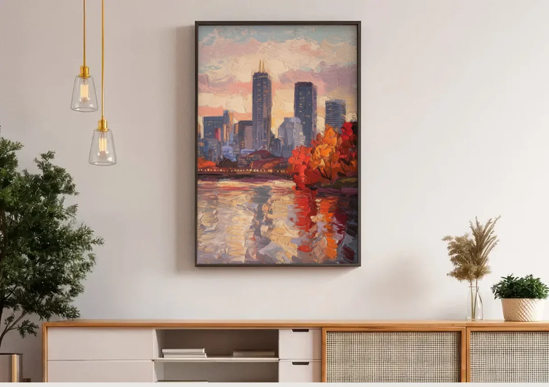 Boston Skyline with Fall Colors canvas wall art above a wooden sideboard under pendant lights