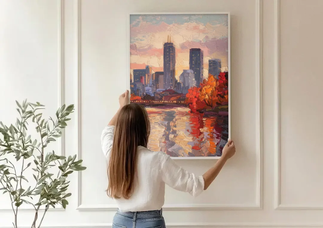 Boston Skyline with Fall Colors canvas wall art being hung on a paneled wall
