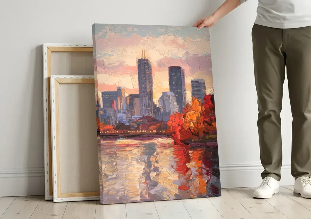 Boston Skyline with Fall Colors canvas wall art leaning against a wall next to blank canvases